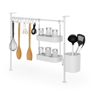 Anywhere Tension Kitchen Organizer - 12 Hooks, Hanging Trays, Caddy