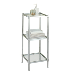 The tier shelving tower with glass shelves and metal frame
