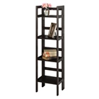 Tall folding bookcase with four shelves in black, natural and walnut