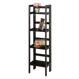 Tall folding bookcase with four shelves in black, natural and walnut