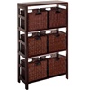 4 shelf bookcase with six wicker baskets in espresso