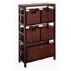 4 shelf bookcase with five wicker baskets in espresso