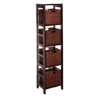 4 shelf bookcase with four wicker baskets in antique walnut