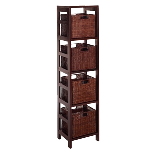 4 shelf bookcase with four wicker baskets in antique walnut