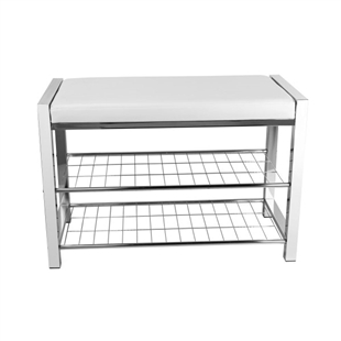 White Leatherette Entryway Bench w/ Chrome Frame