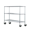 Wire shelving rack with three tiers and four casters.