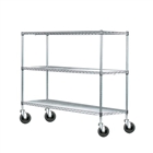 Wire shelving rack with three tiers and four casters.