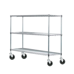 Wire shelving rack with three tiers and four casters.