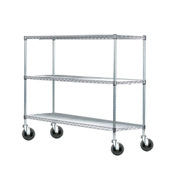 Wire shelving rack with three tiers and four casters.