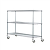 Wire shelving rack with three tiers and four casters.