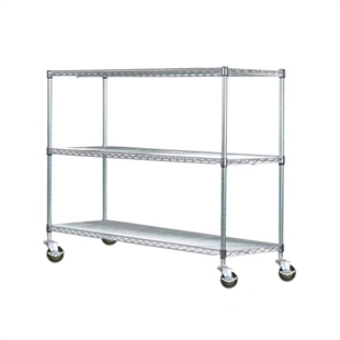 Wire shelving rack with three tiers and four casters.