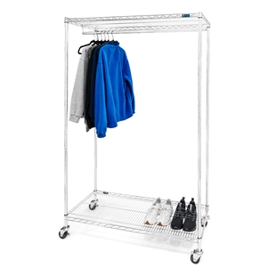 Wire shelving mobile closet with 18&quot;d x48&quot;w shelves, casters, a set of posts, and a coat-rod kit.